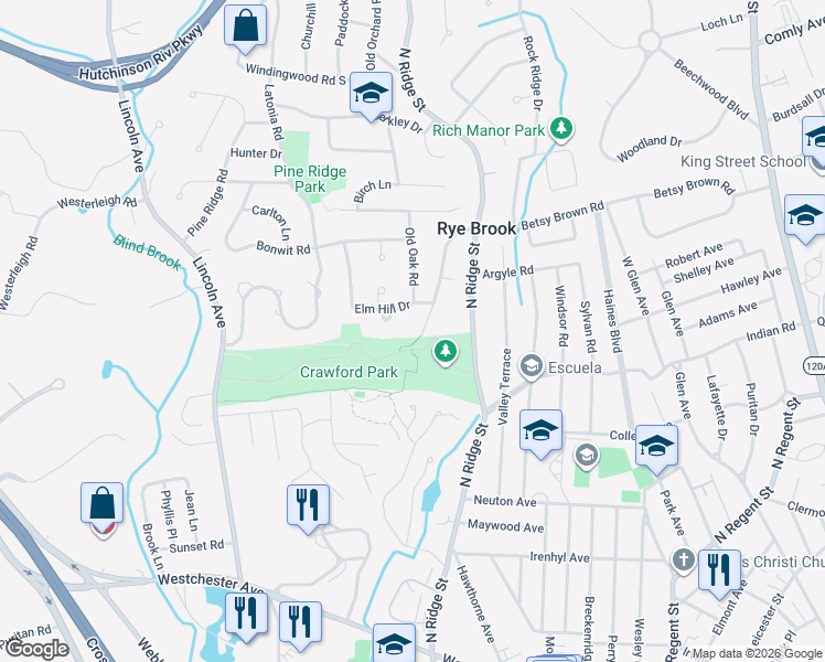 map of restaurants, bars, coffee shops, grocery stores, and more near 2 Horseshoe Lane in Rye Brook