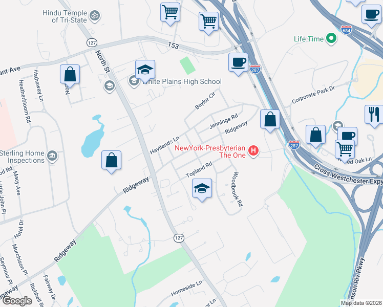 map of restaurants, bars, coffee shops, grocery stores, and more near 589 Ridgeway in White Plains