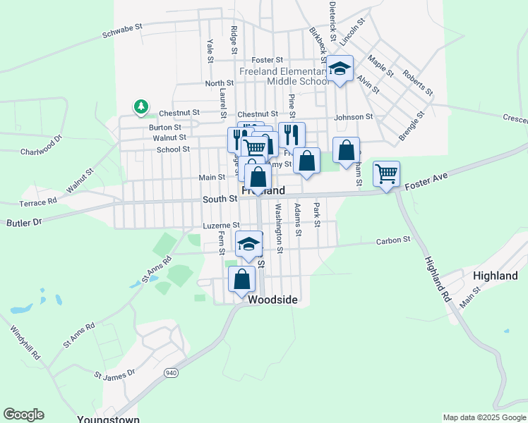 map of restaurants, bars, coffee shops, grocery stores, and more near 437 Centre Street in Freeland