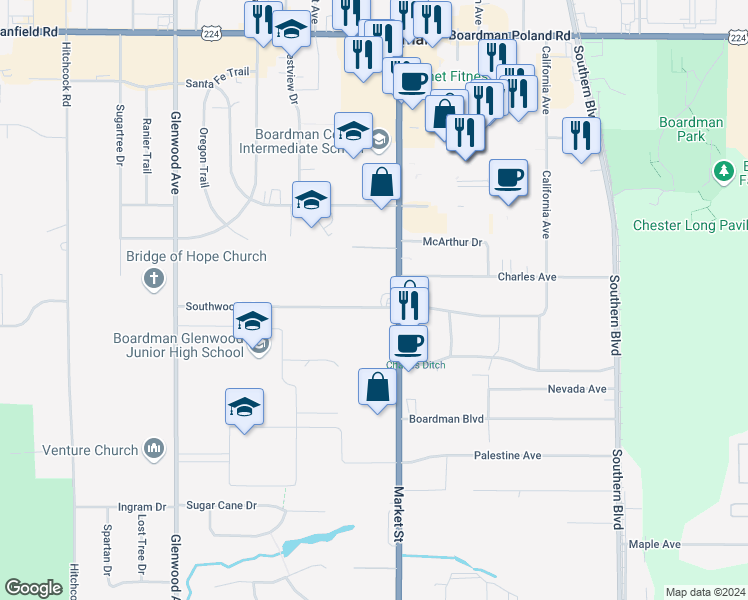 map of restaurants, bars, coffee shops, grocery stores, and more near 20 Southwoods Avenue in Youngstown