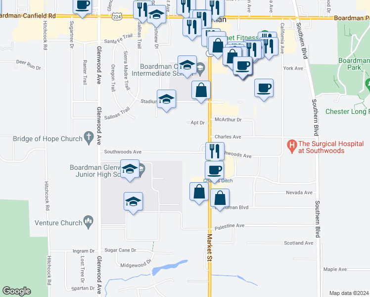 map of restaurants, bars, coffee shops, grocery stores, and more near 52 Southwoods Avenue in Youngstown