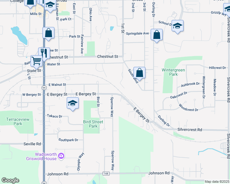 map of restaurants, bars, coffee shops, grocery stores, and more near 368 East Bergey Street in Wadsworth