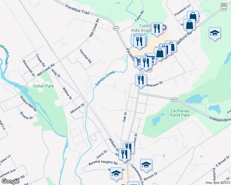 map of restaurants, bars, coffee shops, grocery stores, and more near 19 Oak Leaf Lane in East Stroudsburg