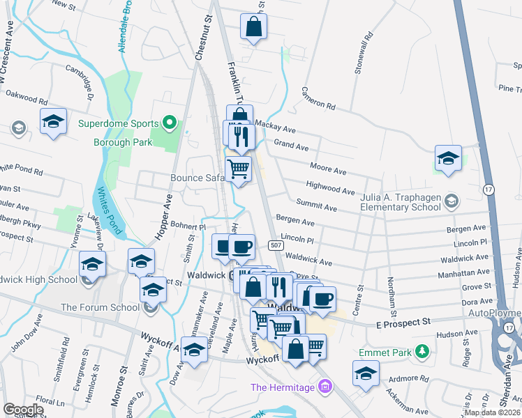 map of restaurants, bars, coffee shops, grocery stores, and more near 112 Franklin Turnpike in Waldwick