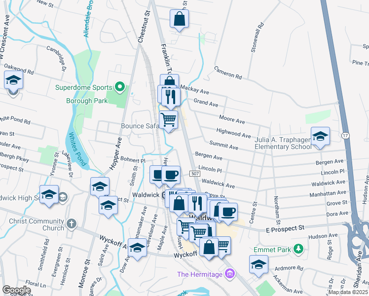 map of restaurants, bars, coffee shops, grocery stores, and more near 112 Franklin Turnpike in Waldwick