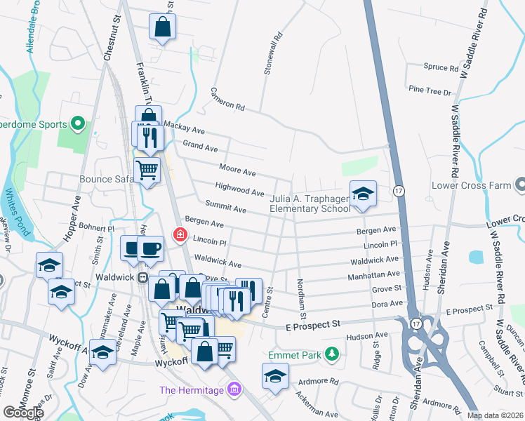map of restaurants, bars, coffee shops, grocery stores, and more near 85 Summit Avenue in Waldwick