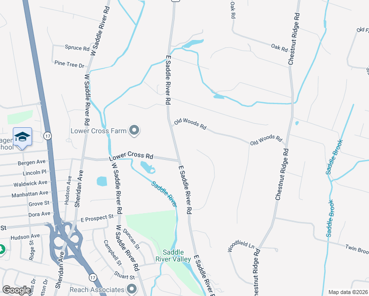 map of restaurants, bars, coffee shops, grocery stores, and more near 19 Powder Hill Road in Saddle River