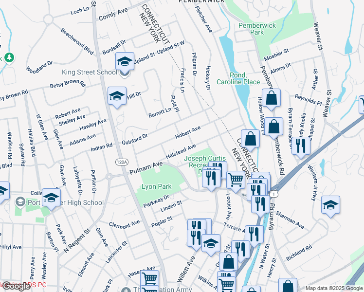 map of restaurants, bars, coffee shops, grocery stores, and more near 89 Hobart Avenue in Port Chester