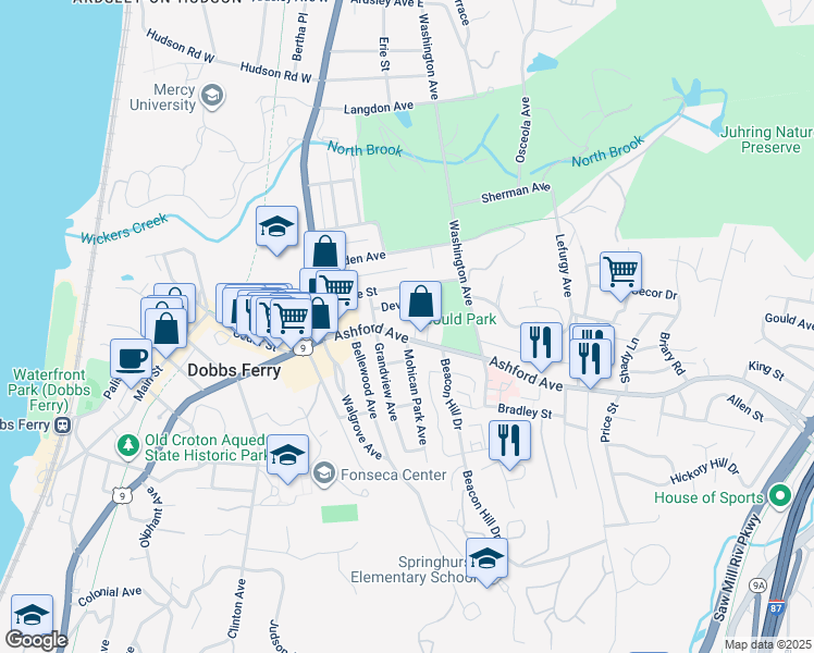 map of restaurants, bars, coffee shops, grocery stores, and more near 59 Ashford Avenue in Dobbs Ferry