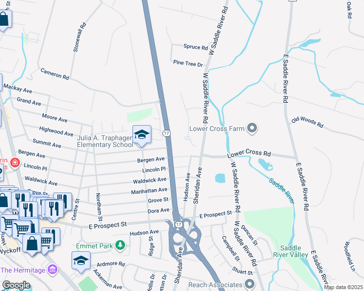 map of restaurants, bars, coffee shops, grocery stores, and more near 14 Adams Road in Saddle River