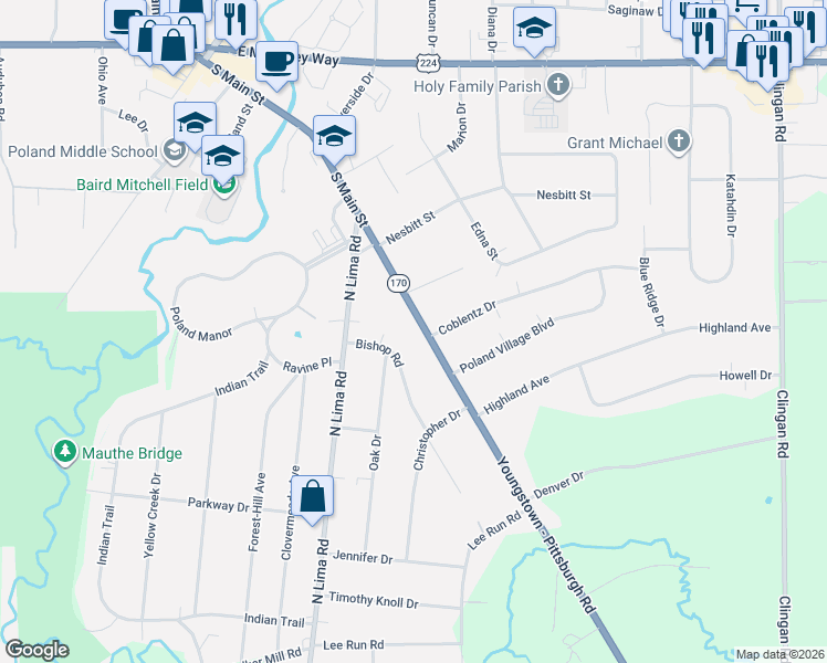 map of restaurants, bars, coffee shops, grocery stores, and more near 6980 Youngstown - Pittsburgh Road in Youngstown