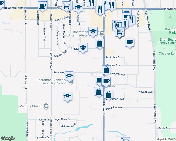 map of restaurants, bars, coffee shops, grocery stores, and more near 52 Southwoods Avenue in Youngstown