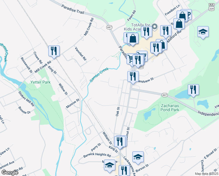 map of restaurants, bars, coffee shops, grocery stores, and more near 19 Oak Leaf Lane in East Stroudsburg