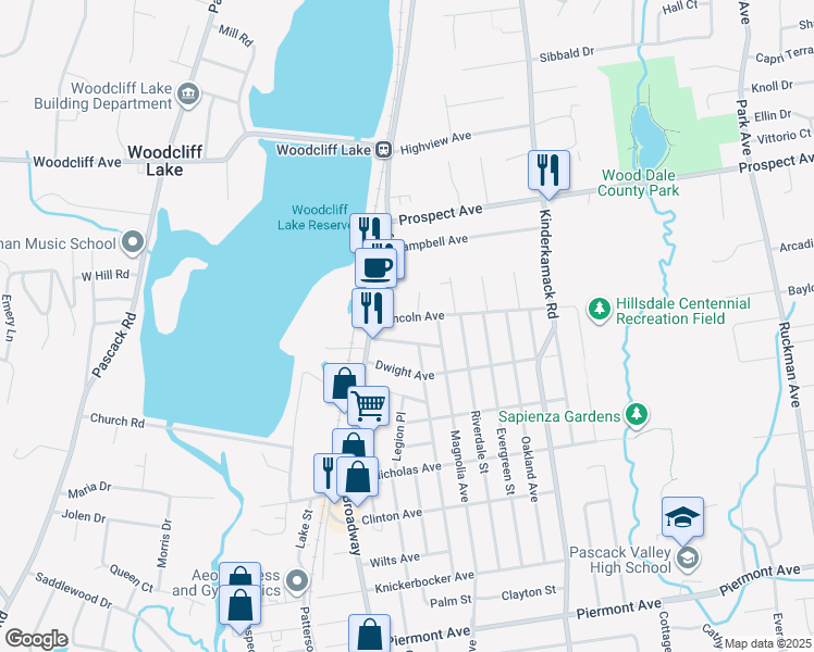 map of restaurants, bars, coffee shops, grocery stores, and more near 14 Lincoln Avenue in Woodcliff Lake
