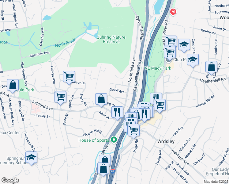 map of restaurants, bars, coffee shops, grocery stores, and more near 53 Gould Avenue in Dobbs Ferry