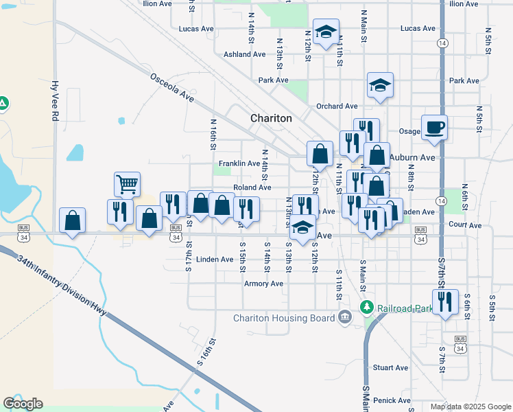 map of restaurants, bars, coffee shops, grocery stores, and more near 1401 Braden Avenue in Chariton