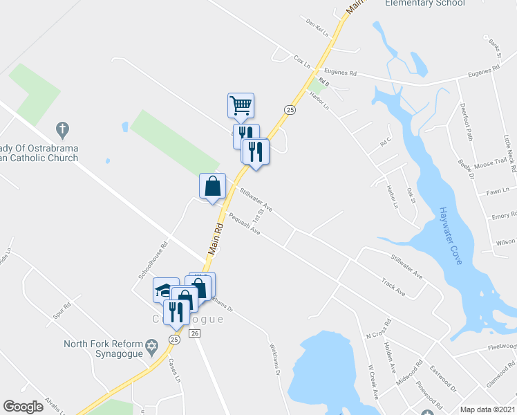 map of restaurants, bars, coffee shops, grocery stores, and more near 530 Stillwater Avenue in Cutchogue