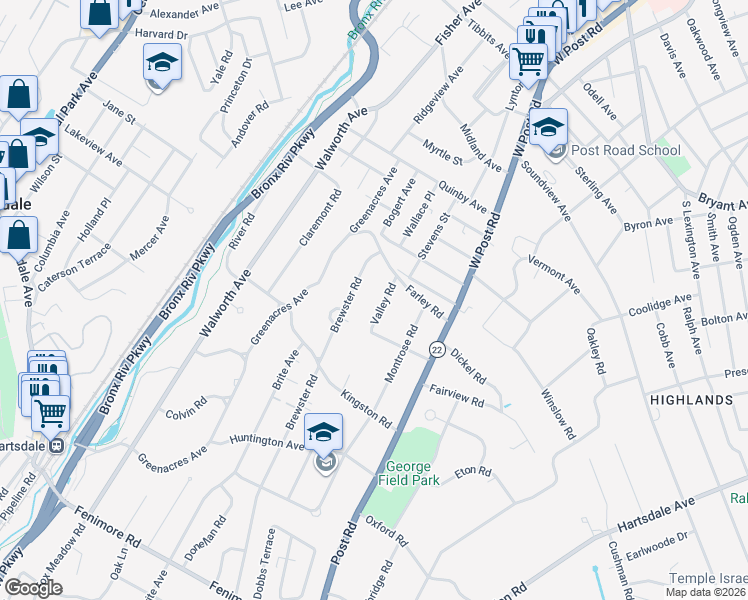 map of restaurants, bars, coffee shops, grocery stores, and more near 29 Valley Road in Scarsdale