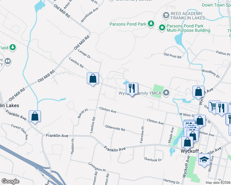 map of restaurants, bars, coffee shops, grocery stores, and more near 709 Fieldstone Terrace in Wyckoff