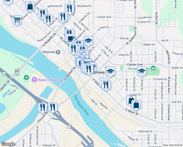 map of restaurants, bars, coffee shops, grocery stores, and more near in Ottumwa