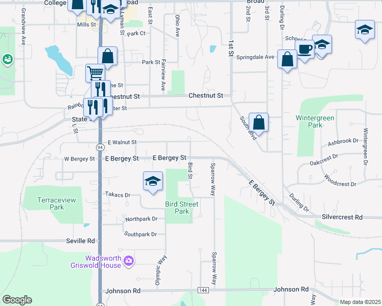 map of restaurants, bars, coffee shops, grocery stores, and more near 451 Bird Street in Wadsworth