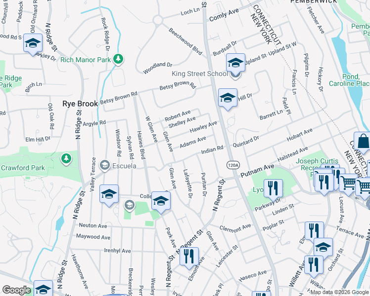 map of restaurants, bars, coffee shops, grocery stores, and more near 93 Adams Avenue in Port Chester