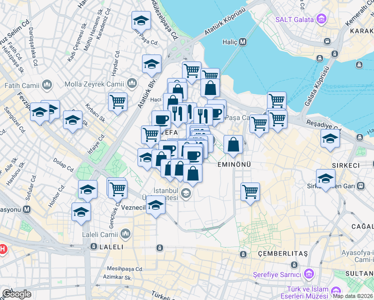 map of restaurants, bars, coffee shops, grocery stores, and more near 1 Kanuni Medresesi Sokak in Fatih