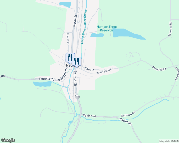 map of restaurants, bars, coffee shops, grocery stores, and more near 163 Main Street in Petrolia