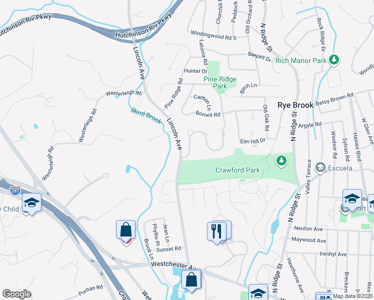 map of restaurants, bars, coffee shops, grocery stores, and more near 6 Talcott Road in Rye Brook