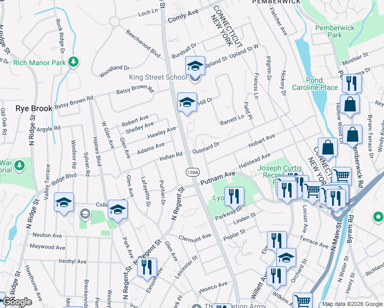 map of restaurants, bars, coffee shops, grocery stores, and more near 557 King Street in Port Chester