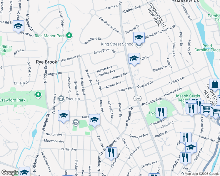 map of restaurants, bars, coffee shops, grocery stores, and more near 93 Adams Avenue in Port Chester