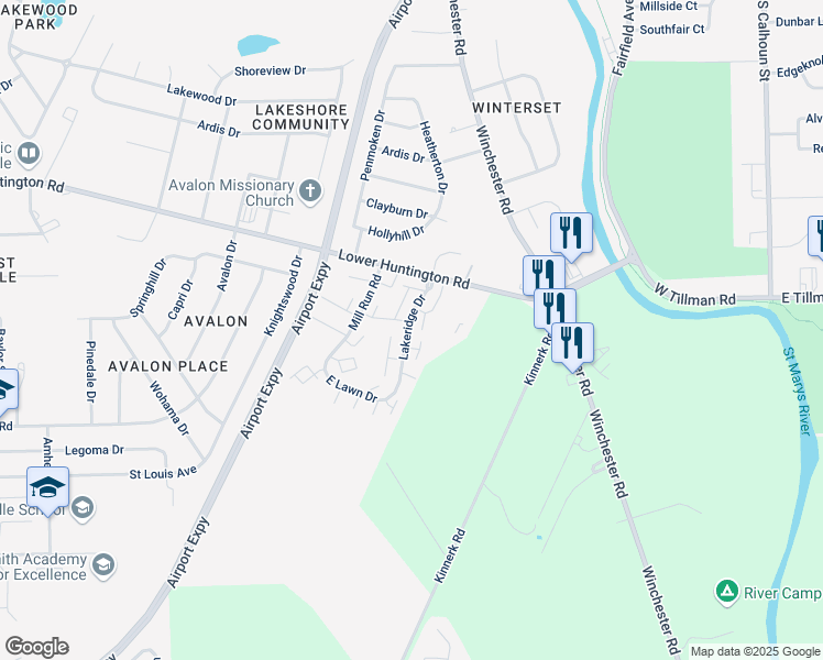 map of restaurants, bars, coffee shops, grocery stores, and more near 7424-7538 Lakeridge Drive in Fort Wayne