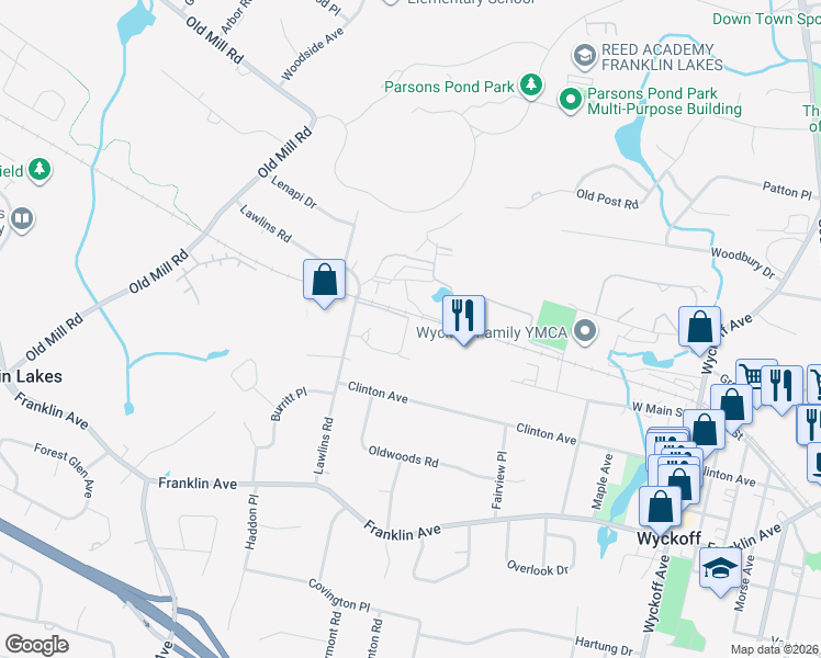 map of restaurants, bars, coffee shops, grocery stores, and more near 1014 Fieldstone Terrace in Wyckoff