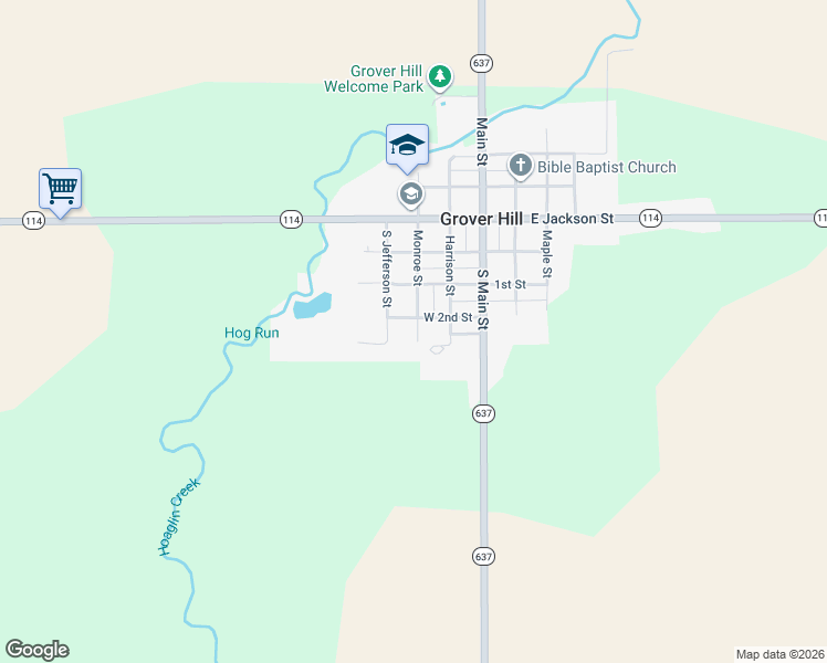 map of restaurants, bars, coffee shops, grocery stores, and more near 201 West 2nd Street in Grover Hill