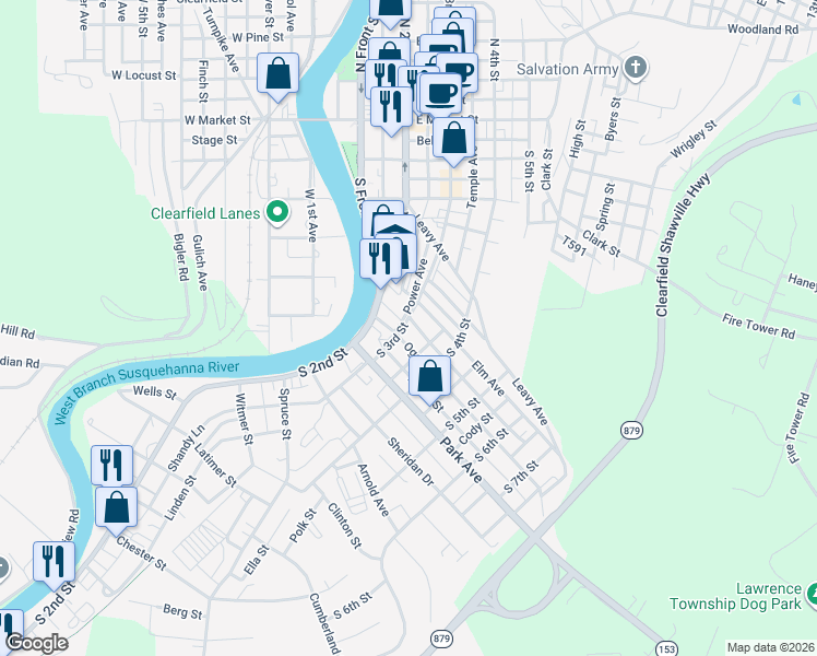 map of restaurants, bars, coffee shops, grocery stores, and more near 432 South 3rd Street in Clearfield