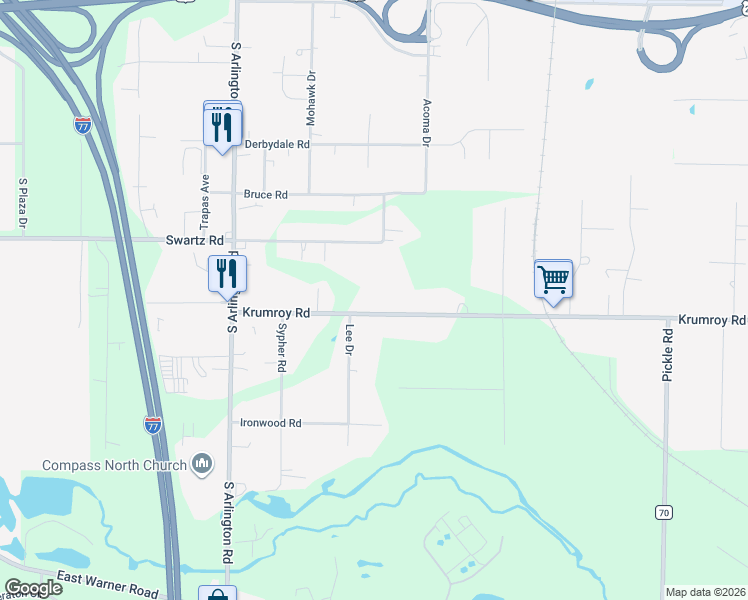 map of restaurants, bars, coffee shops, grocery stores, and more near 1085 Krumroy Road in Akron