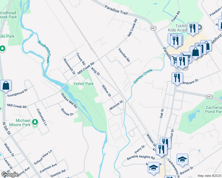 map of restaurants, bars, coffee shops, grocery stores, and more near 405 King Street in East Stroudsburg