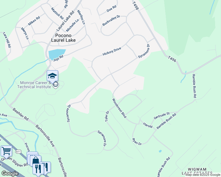 map of restaurants, bars, coffee shops, grocery stores, and more near 191 Woodcrest Boulevard in Stroudsburg
