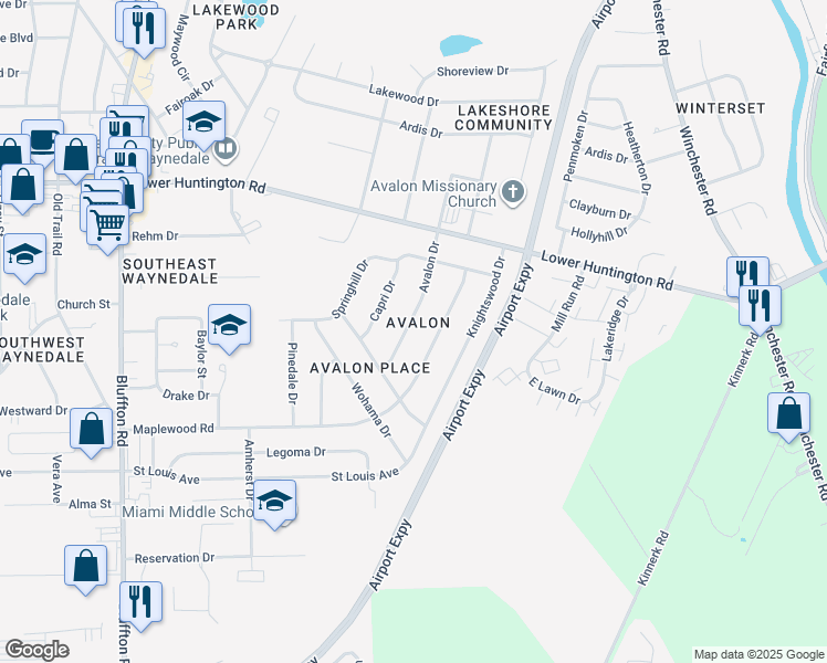 map of restaurants, bars, coffee shops, grocery stores, and more near 7431 Avalon Drive in Fort Wayne