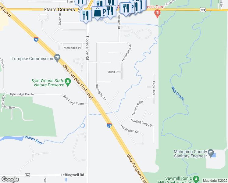 map of restaurants, bars, coffee shops, grocery stores, and more near 1306 Hunters Glen in Youngstown