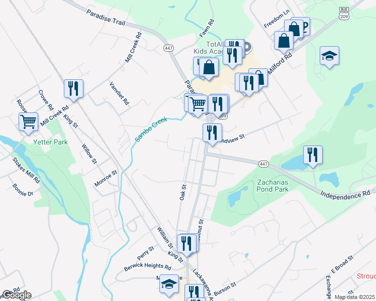 map of restaurants, bars, coffee shops, grocery stores, and more near 14 Elm Tree Court in East Stroudsburg