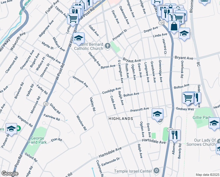 map of restaurants, bars, coffee shops, grocery stores, and more near 20 Coolidge Avenue in White Plains