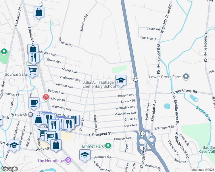 map of restaurants, bars, coffee shops, grocery stores, and more near 94 Ridgewald Avenue in Waldwick
