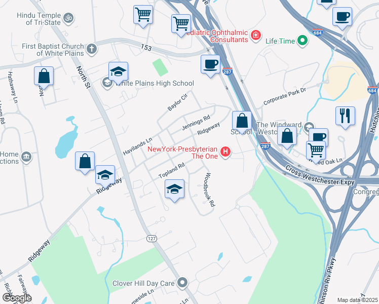 map of restaurants, bars, coffee shops, grocery stores, and more near 81 Kass Road in White Plains
