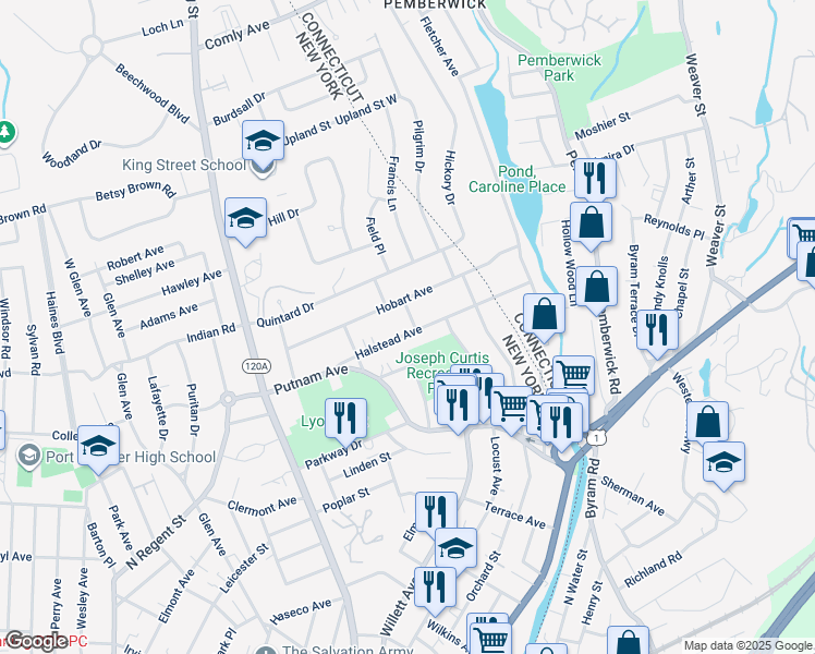 map of restaurants, bars, coffee shops, grocery stores, and more near 43 Halstead Avenue in Port Chester