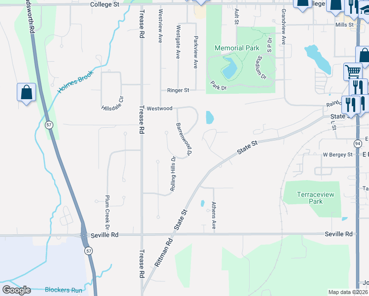 map of restaurants, bars, coffee shops, grocery stores, and more near 514 Barrenwood Drive in Wadsworth