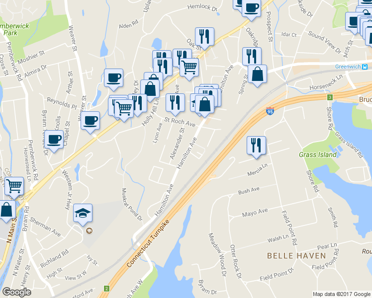 map of restaurants, bars, coffee shops, grocery stores, and more near 186 Hamilton Avenue in Greenwich