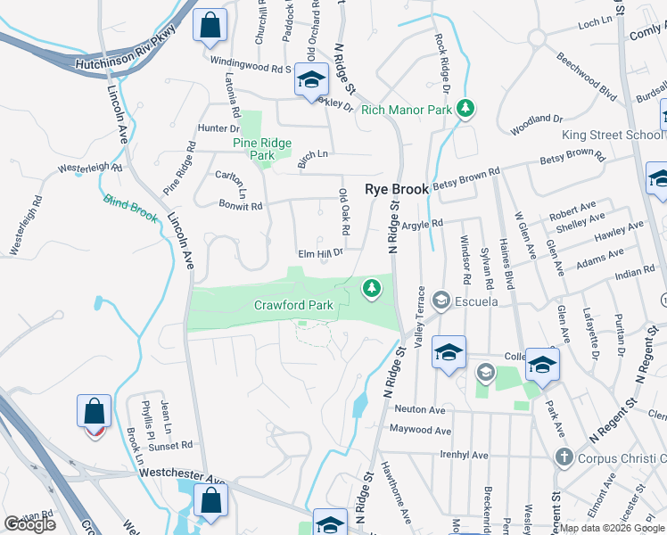 map of restaurants, bars, coffee shops, grocery stores, and more near 2 Horseshoe Lane in Rye Brook