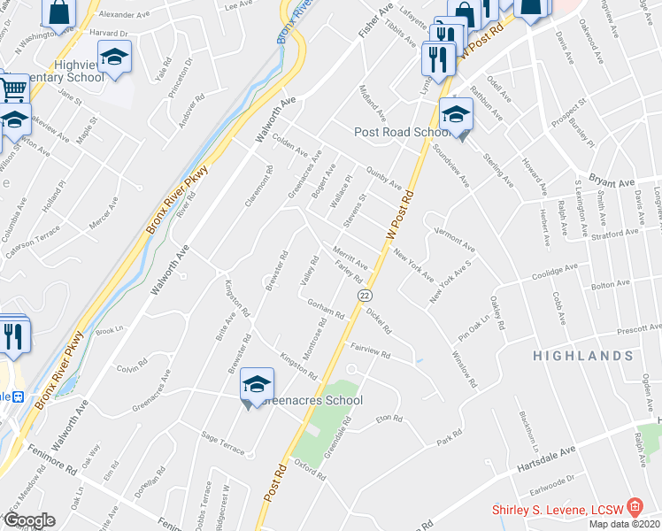 map of restaurants, bars, coffee shops, grocery stores, and more near 42 Farley Road in Scarsdale