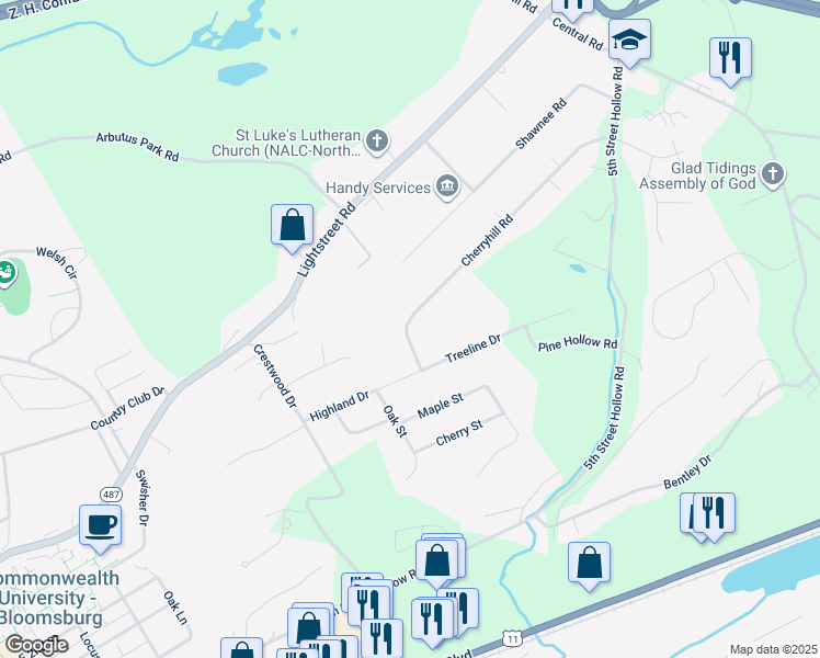 map of restaurants, bars, coffee shops, grocery stores, and more near in Bloomsburg